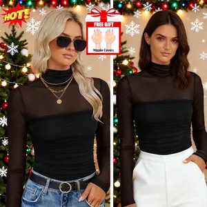 Women Sexy Sheer Mesh Long Sleeve Tops Mock Neck Ruched Slim Fit Blouse Elegant Solid Black Club Party Streetwear Tees