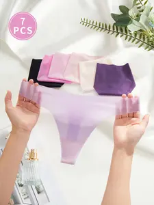 7/10Pcs Women's Sheer Low Rise Thongs, Fitted Sexy Comfort for All Seasons, Plain Design Perfect for Daily Wear Panties