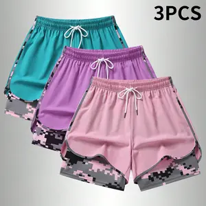 3PCS Women's   Sports Shorts, Camo Lined Polyester Athletic Shorts, Elastic Drawstring Waist, Casual Lightweight Shorts for Running, Gym Workouts & Daily Casual Wear