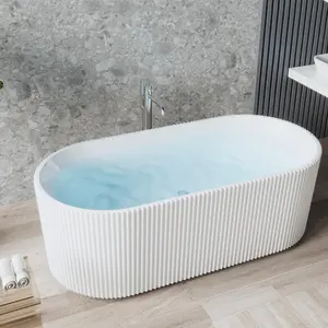 Deep Ergonomic Non-Slip Comfort – Freestanding Acrylic Soaking Bathtub – Modern Double-Walled Insulated Design – cUPC Certified – Chrome or Matte Drain – White Striped Finish – Perfect for Bathroom Spa or Renovation