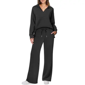 Fashion Casual Women's Long Sleeve Drawstring Solid Color Wide Leg Pants Set 2026 Women's New