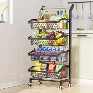 Wheeled Snack Cart 4-Tier Adjustable Fruit Rack Fruit and Vegetable Basket Push Cart Metal Wire Storage Push Cart Rolling Food Storage Room Practical Kitchen Push Cart