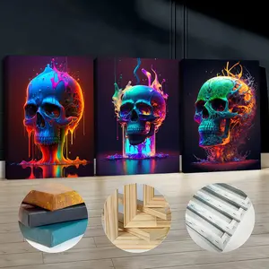 3Pcs Wooden Framed Canvas Painting, Colorful Halloween Skulls, Exquisite Poster, Home Decoration, Pattern Wall Art Decor, For Living Room, Bedroom, Office, Restaurant, Bar Wall Decor, Odorless, Painting, Print Artwork.