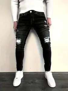 Men's Slim-Fit Distressed Streetwear Jeans - Black Stretch Denim with White Frayed Hem & Ripped Knee Design, All-Season Casual Pants for Men