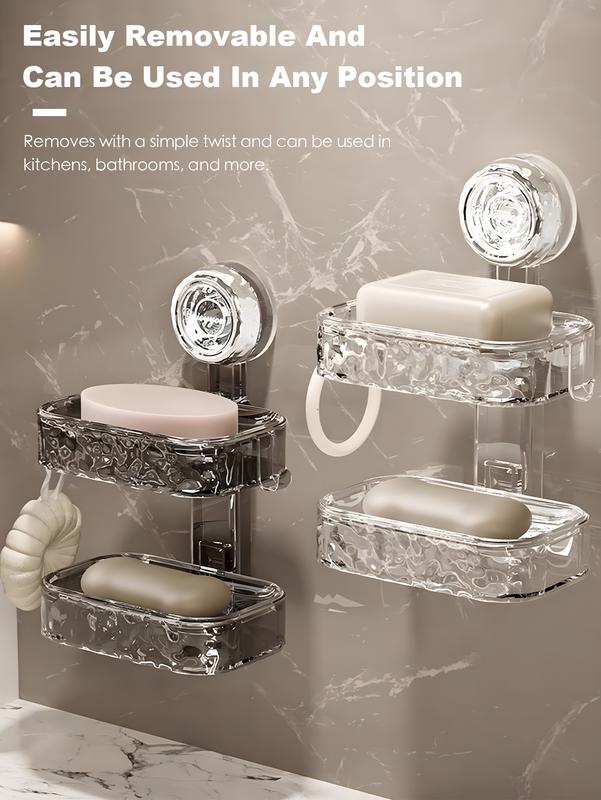 1/2 Layer Wall Mounted Soap Box, Suction Cup Soap Holder, Drill-Free Soap Dish, Bathroom & Kitchen Sink Storage Rack, Plastic & Stainless Steel