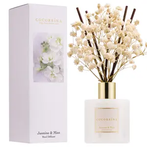 COCORRÍNA Reed Diffuser - Jasmine & Mint 6.7 Fl.oz Reed Diffuser Set with Sticks & Preserved Baby's Breath, Reed Diffuser for Home Bathroom Shelf Decor