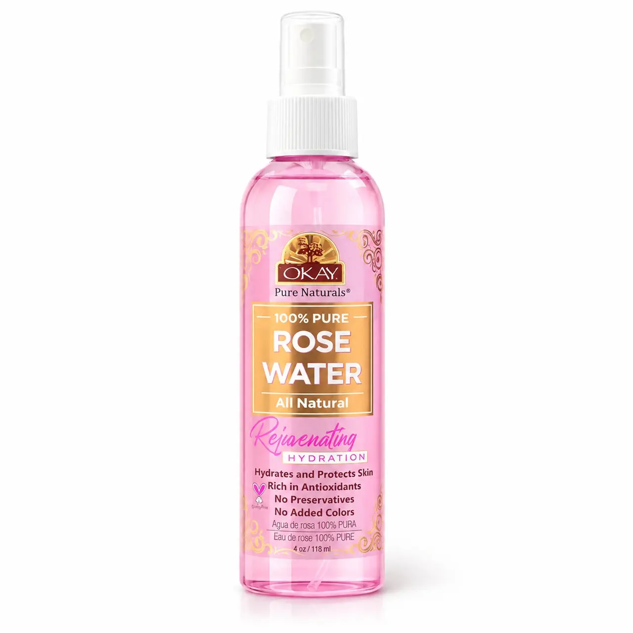 OKAY Pure Naturals Luxury 100% Pure Rose Water Facial Face Mist - Lightweight, Pore-Refining, 4 oz/118 ml Bath & Body Care Product, Daily, Sensitive, Hydrating, Soothing, Moisturizing, Tightening, Flower