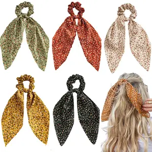 Chiffon Floral Hair Scarf with Ribbon Bo5pcsws for Women and Girls - 5 Pcs Scrunchies with Ponytail Holders