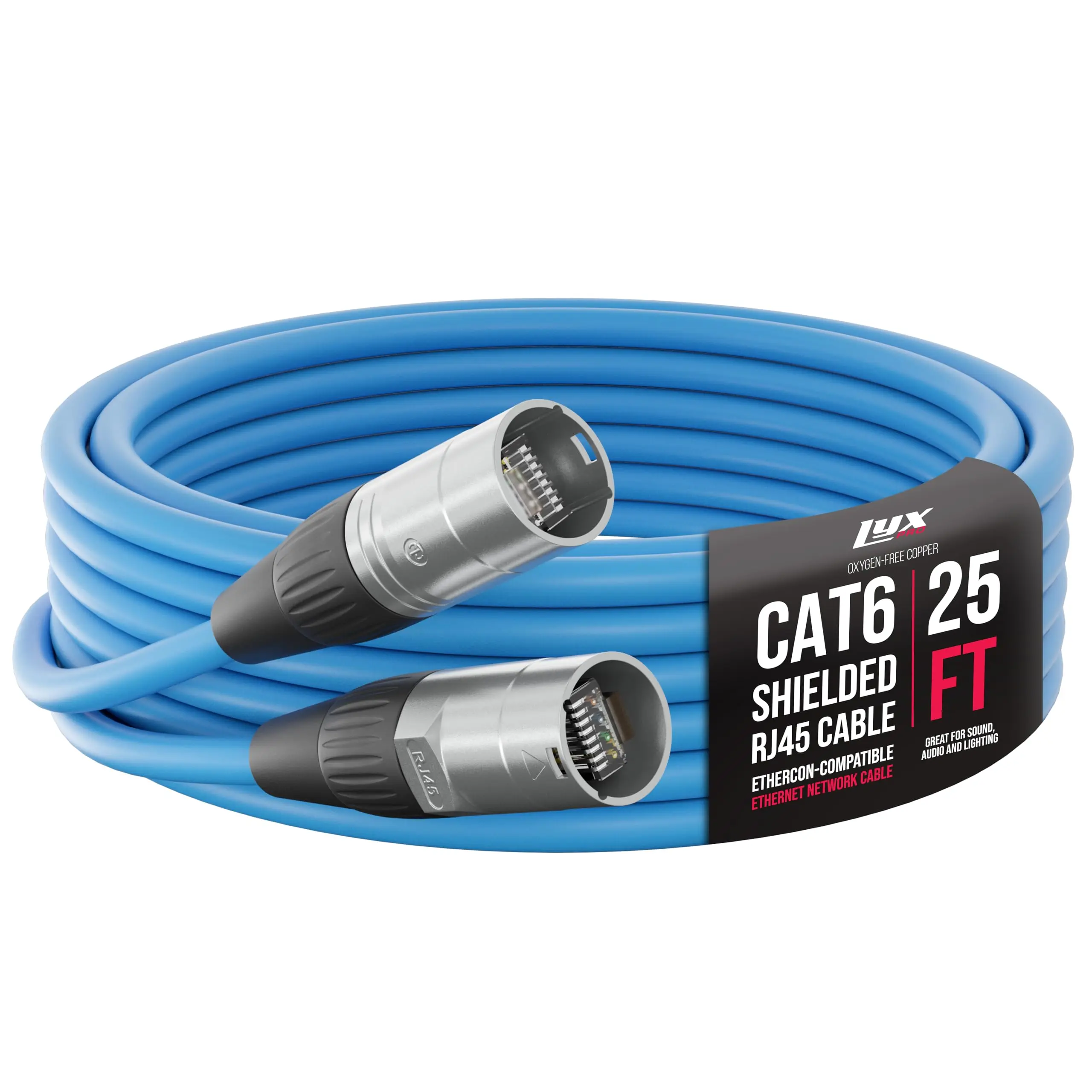 LyxPro 25 Feet Shielded CAT6 Ethercon Cable - Professional Audio & Lighting RJ45 Cable, Studio-Grade Sound Transmission, Extreme Durability - Blue