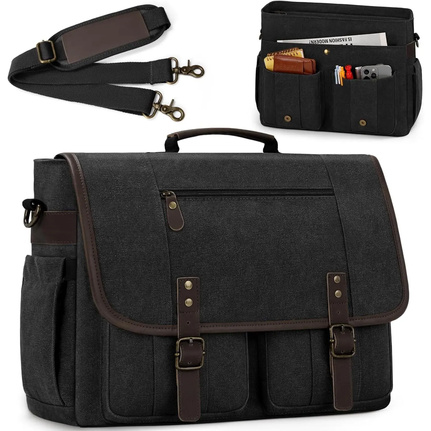 Mens Messenger Bag 17-17.3 Inch  Canvas Briefcase Water-resistant Large Computer Laptop Bag Rugged Satchel  Bag for Work Travel, Bookbag for College