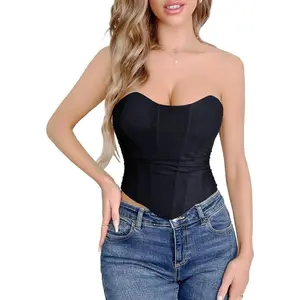 Women Black Corset Tops Satin Summer Going Out Strapless Bustier Crop Top for Party,Gothic,Halloween Costumes