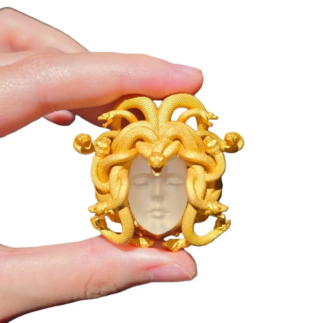 Vintage Medusa Queen Art Ring, Retro Ancient Greek Mythology Statement Ring with Carved Face and Gold Snake Design, Unique High-End Index Finger Costume Jewelry