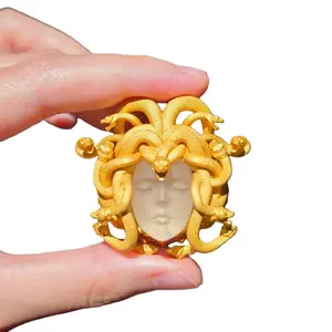 Vintage Medusa Queen Art Ring, Retro Ancient Greek Mythology Statement Ring with Carved Face and Gold Snake Design, Unique High-End Index Finger Costume Jewelry