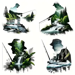 4-Piece Fishing Enthusiast Iron-On Patches, DIY Decorative Appliques for T-Shirts, Canvas Bags & Pillows, Durable Fabric Design