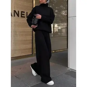 Women's Solid Turtleneck Tops & Wide Leg Pants Set, Casual Fashionable Cozy Long Sleeve Top & Trousers for Daily Casual Occasion Wear, Fall Clothes, 2 Piece Set, Women's Clothing for Fall, Downtown Girl Clothes Womenswear