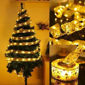 Christmas Ribbon String Lights -32ft Christmas Ribbon Fairy Lights,100 LED Gold Mesh Ribbon Lights for Indoor & Outdoor Tree,Christmas Ribbon Bows Lights, Holiday Decorations(5M*2Rolls,Total of 10M)