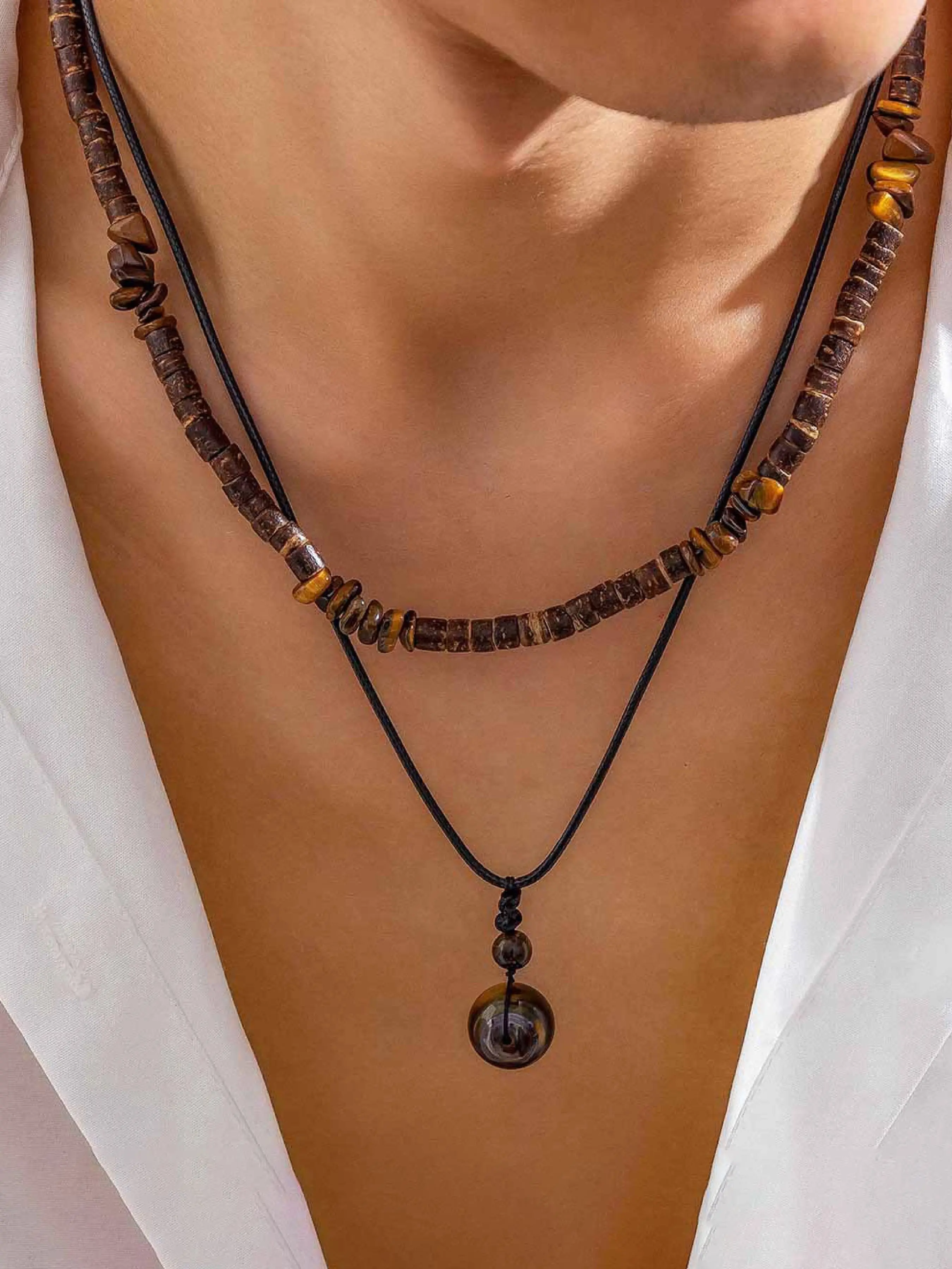 Men's Fashion Necklace Set, Coconut Shell Imitation Turquoise Beads & Wooden Pearl Pendant, Casual Daily Wear Jewelry Gift, Necklace Stack