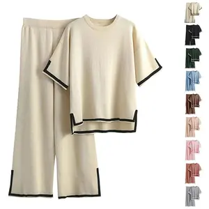 Two Piece Outfits Knit Sweater Sets Short Sleeve Knit Pullover Tops Wide Leg Pants Lounge Sets