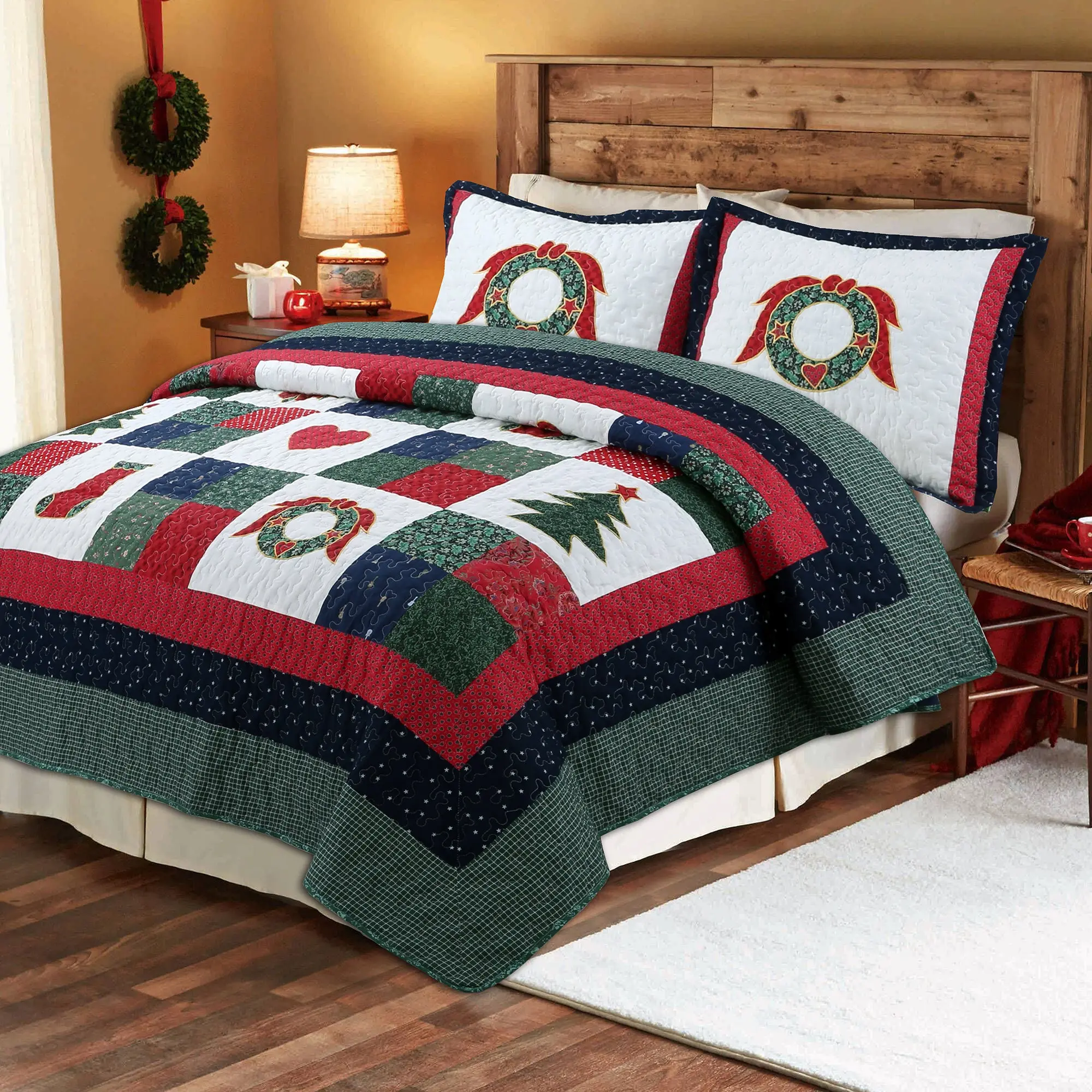 Merry Christmas Printed Reversible Patchwork Quilt Bedroom Bedding Set - Home, Room & House Decor Textile Soft Furnishing