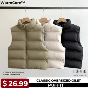 【Clearance】PUFFIT WarmCore Premium Women's Solid Drawstring Pocket Zip Up Puffer Gilet Vest, Warm Casual  Sleeveless Outerwear for Fall & Winter Daily Wear