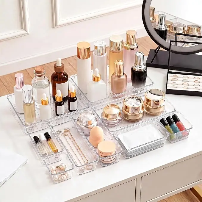 8/25 Pack Clear Drawer Organizer Trays, Stackable Non Slip Transparent Storage Bins, 4 Sizes Custom Layout Drawer Dividers for Makeup Vanity Bathroom Kitchen Office Bedroom Household Small Item Organization