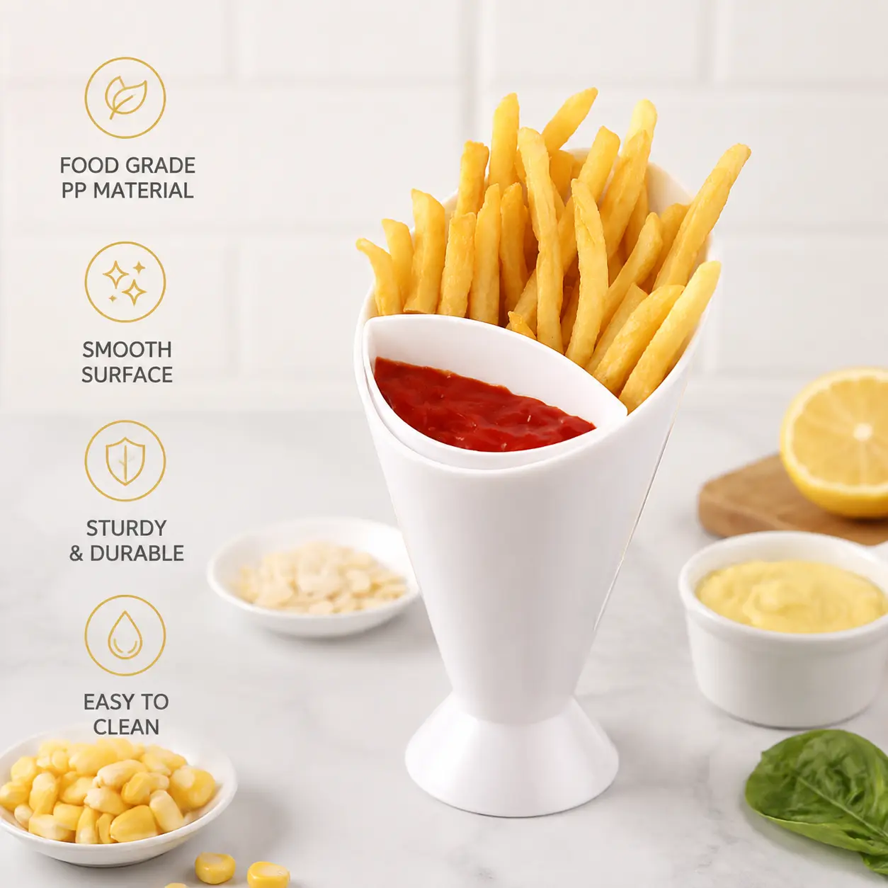 Food Grade PP French Fries Cone Saucer Set - 1-Count Detachable Dipping Sauce Dish Tableware for Home Kitchen Party Food Serving