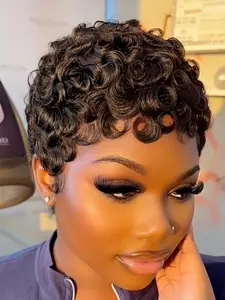 Short Layered Pixie Cut Wig Human Hair Curly Human Hair Wigs With Bangs for Women