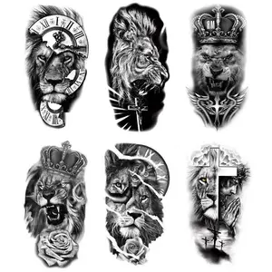 6 pieces of black, bold temporary tattoos featuring lions and crowns - for men, waterproof, realistic, water-transferable, suitable for half arms and arms; tattoo stickers