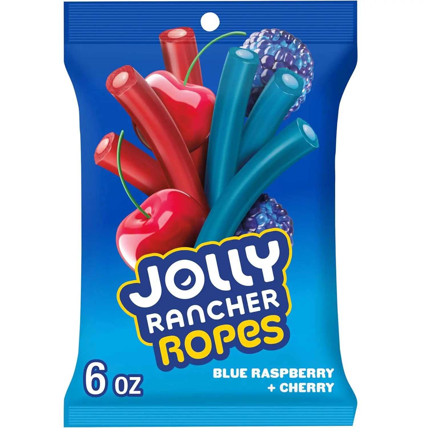 JOLLY RANCHER Ropes Blue Raspberry & Cherry Candy Bag, 6 oz | Blue Raspberry and Cherry Fruit Flavored Ropes, Kosher Chewy Candy with Soft Filling, Shareable Bag, 6 oz