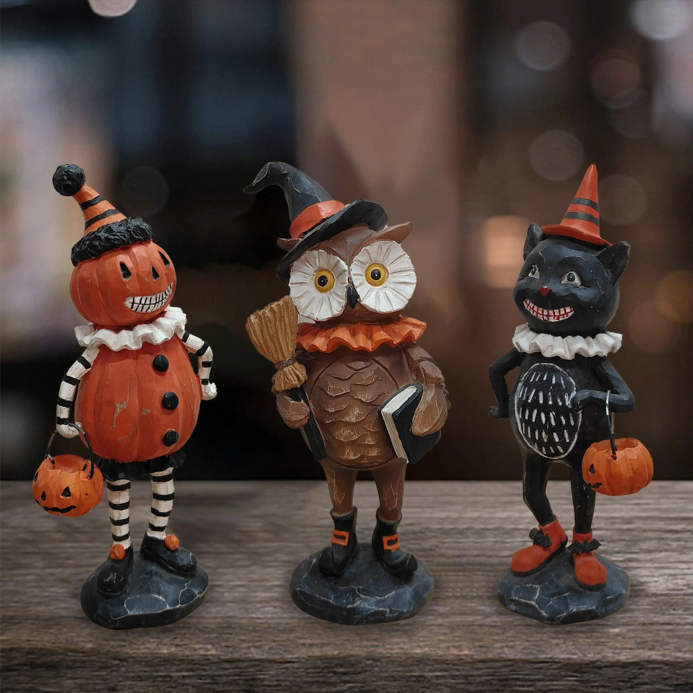 Halloween Pumpkin Owl Cat Statue Ornament, Spooky Decorative Figurine for Home & Party Decoration, Unique Halloween Gift Idea