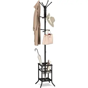 Coat Rack Freestanding - Coat Tree with Umbrella Holder, Metal Coat Rack Stand with 12 Hooks, Modern Coat Hanger Stand for Entryway, Purse Rack Hat Rack Stand for Living Room Bedroom Office