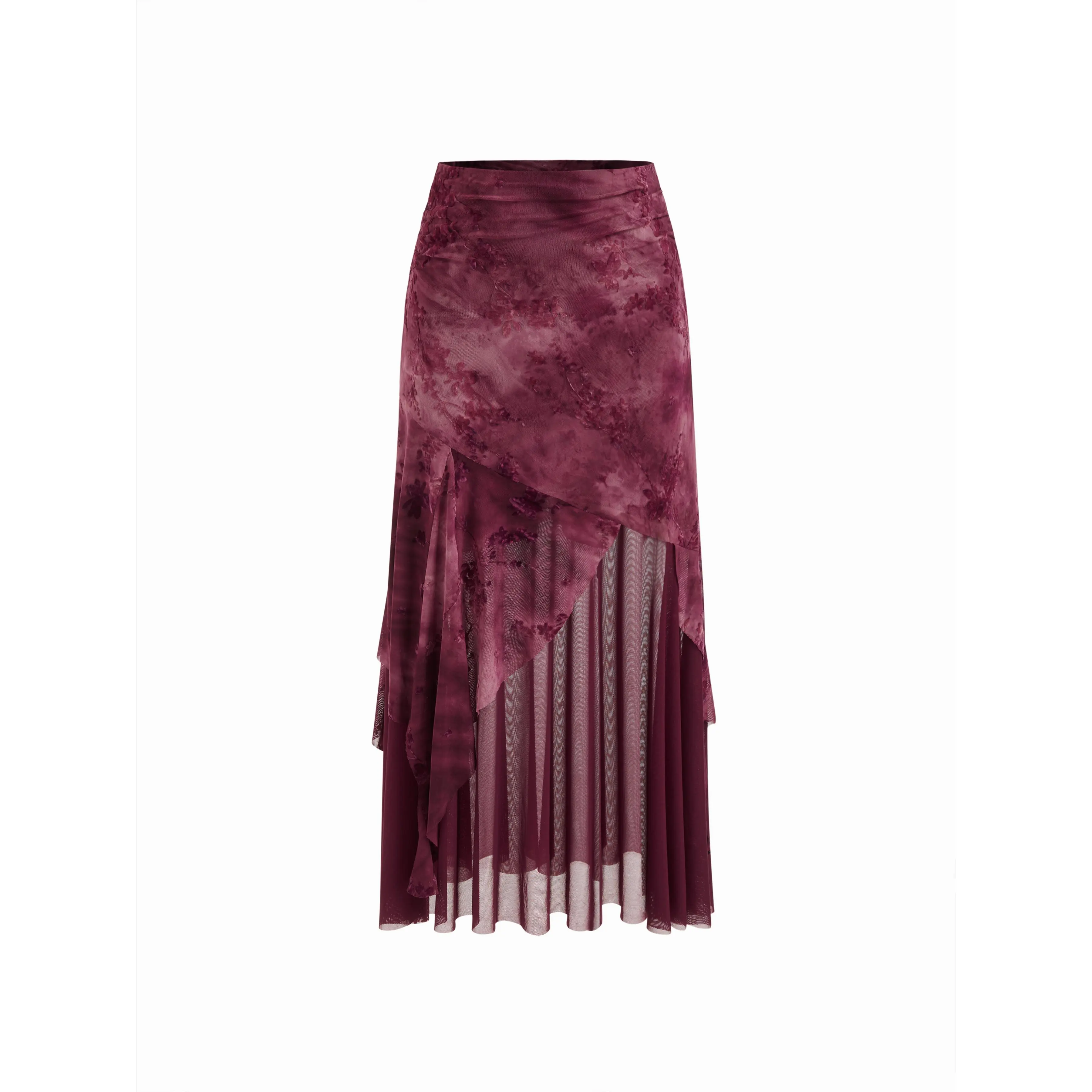 Cider Mesh Mid Rise Floral Tie Dye Asymmetrical Hem Tulle Maxi Skirt