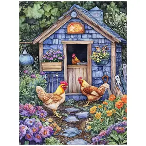 Blue Stone Chicken Coop Flower Bed Three Roosters Watercolor Painting Diamond Painting 5D DIY Diamond Painting Kit Full Drill Square Round Diamonds Embroidery Cross Stitch Art Craft Home Wall Decor Unique Art Gift  Handmade Decorative Painting Set
