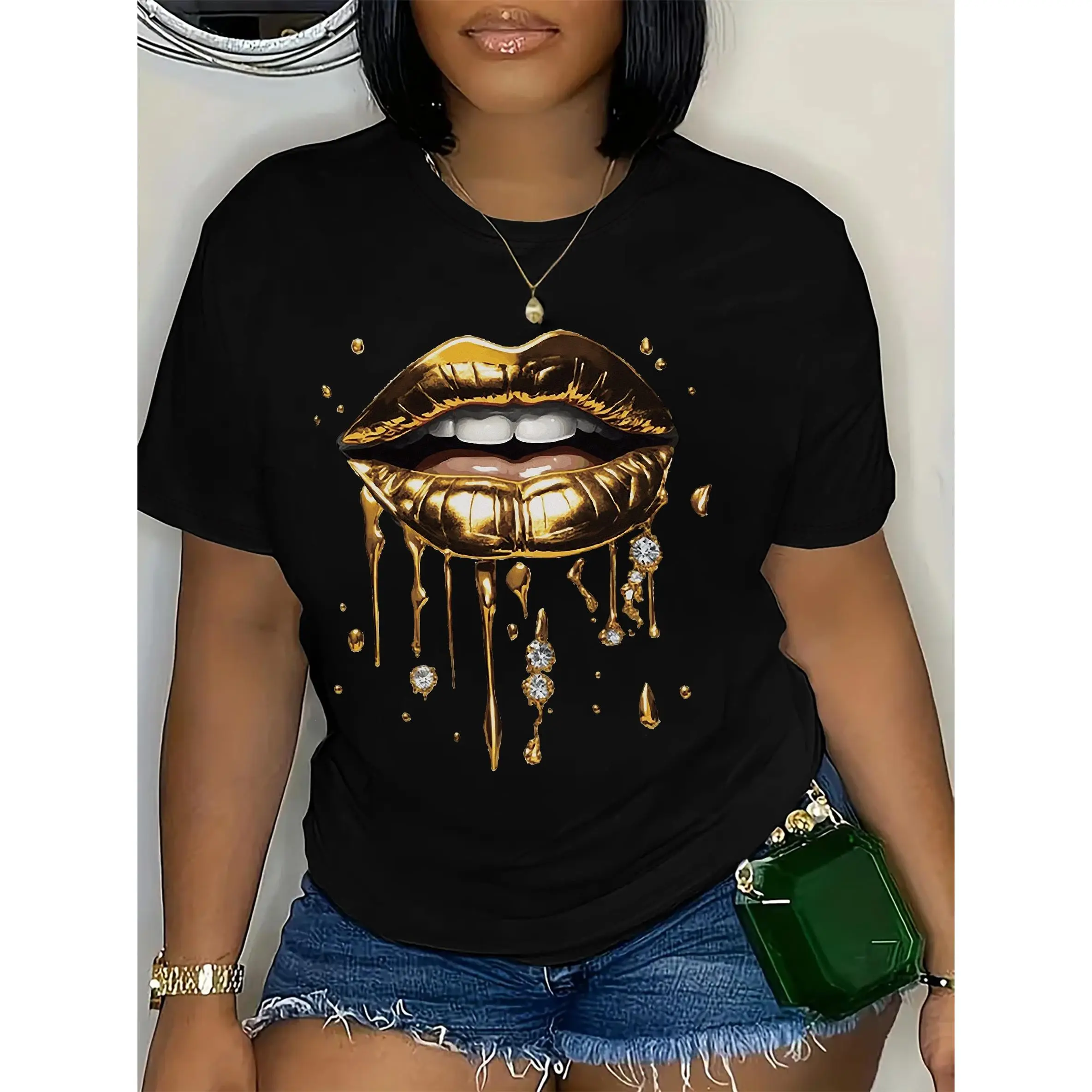 Women's Lip Print Short Sleeve T-Shirt - Summer Casual Round Neck Top with Lip & Cupid's Print (Non, Medium-Stretch Fabric) - - Fitted Blouse for Casual Attire - Machine Washable Lip Graphics 0904