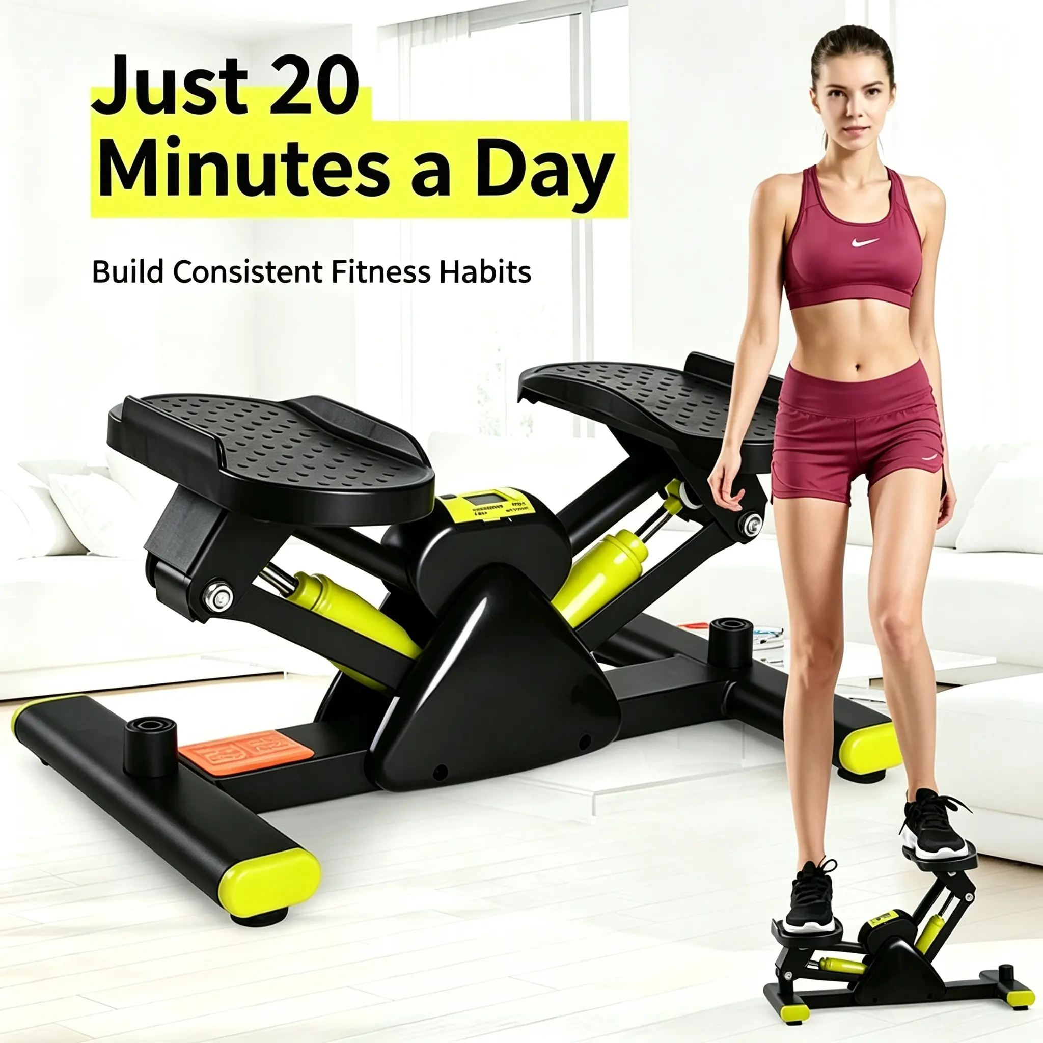 Compact Home Exercise Mini Stair Stepper,Quiet Hydraulic Twist Step Machine with LCD Progress Monitor and Resistance Bands,Non‑Slip Pedal Design,Durable Indoor Workout Device,Yellow & Red Colors for Full‑Body Home Activity