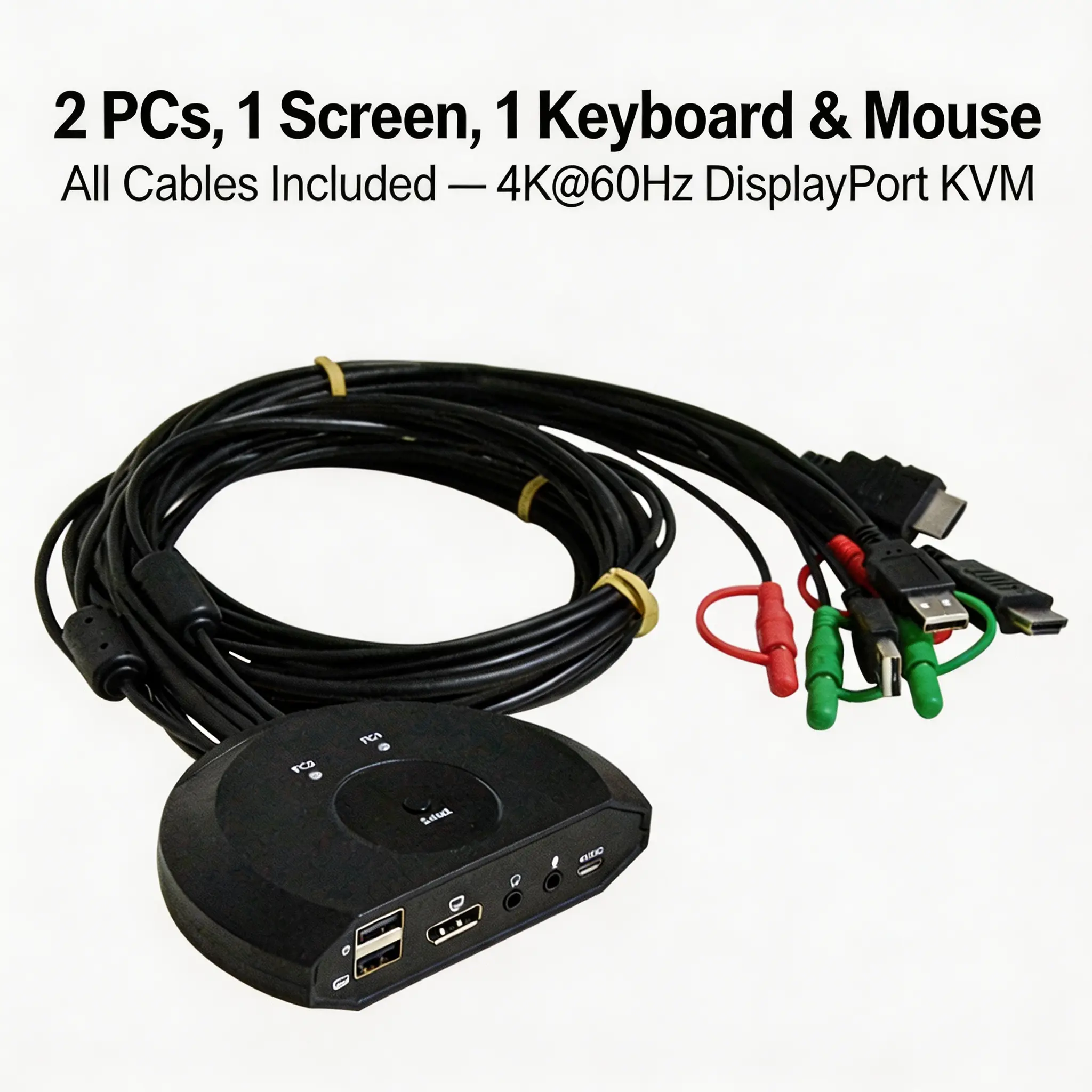 BYTECC 2-Port DisplayPort KVM Switch - 4K@60Hz Plug-and-Play USB DP Switcher, Supports Monitor & Audio/Microphone, Lets 2 Computers Share Devices, All Cables Included