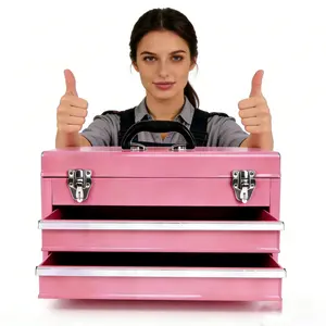 21" Pink Steel Toolbox Portable 3-Drawer with Top Storage Tray & Carrying Handle Dual Lock System for Garage Trunk & Home Ample Storage Sturdy Construction