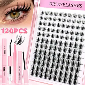 Transparent Stem Natural Segmented Eyelashes + Glue + Remover + Tweezers Set, Free Combination Dense Natural False Lashes