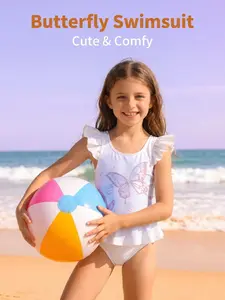 Girls' Dreamy Butterfly One-Piece Swimsuit, Summer Swimwear, Quick-Dry Stretch Fabric, Perfect for Beach Vacations & Water Play