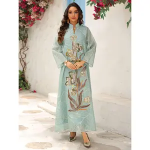 1pc Women's Jalabaya Abaya Gown - Elegant Dubai Party Dress with Floral embroidery, Long Formalrobe for Wedding, Gala, Ramadan - Non-Stretchy Muslim Formal Attire, Galaxy Event Wear, Intricate Embroidery