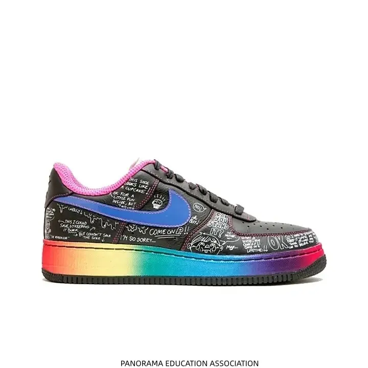 Low Top Black Graffiti Casual Sneakers Leather Upper Blue Swoosh Pink Lining Rainbow Gradient Outsole Flat Cushioned Street Walking Shoes For Men Women