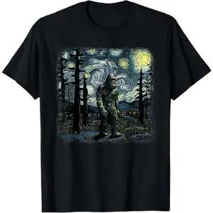 Streetwear Casual Shortsleeve Round Neck Cotton Graphic Tees  Bigfoot Starry Night Sasquatch Van Gogh Sky Painting Art T-Shirt