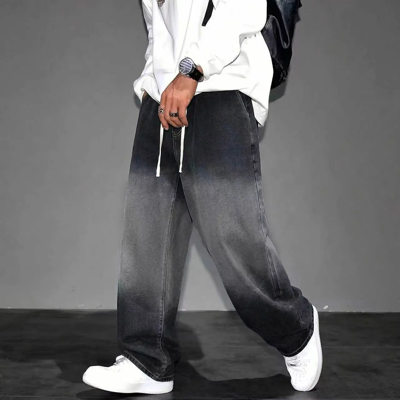Men’s drawstring waist denim pants with slanted pockets, men’s jean joggers, men’s denim cargo pants, black jeans, black for men, men’s streetwear pants