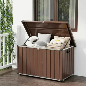 200 Gallon Outdoor Metal Storage Box, Waterproof Steel Deck Box with Lockable Soft-Close Lid, Dual Gas Struts, Wheels, Handles, Large Patio Cushion Tool Pool Storage, Brown,53.15"L x 27.76"W x 33.07"H