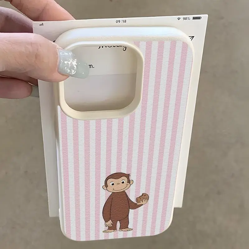 Striped Texture Biscuit Monkey Cartoon Phone Case for iPhone 13 14 15 16 17 Pro Max, TPU Softness Shockproof Aesthetic Protective Animal Cover, Iphone Series