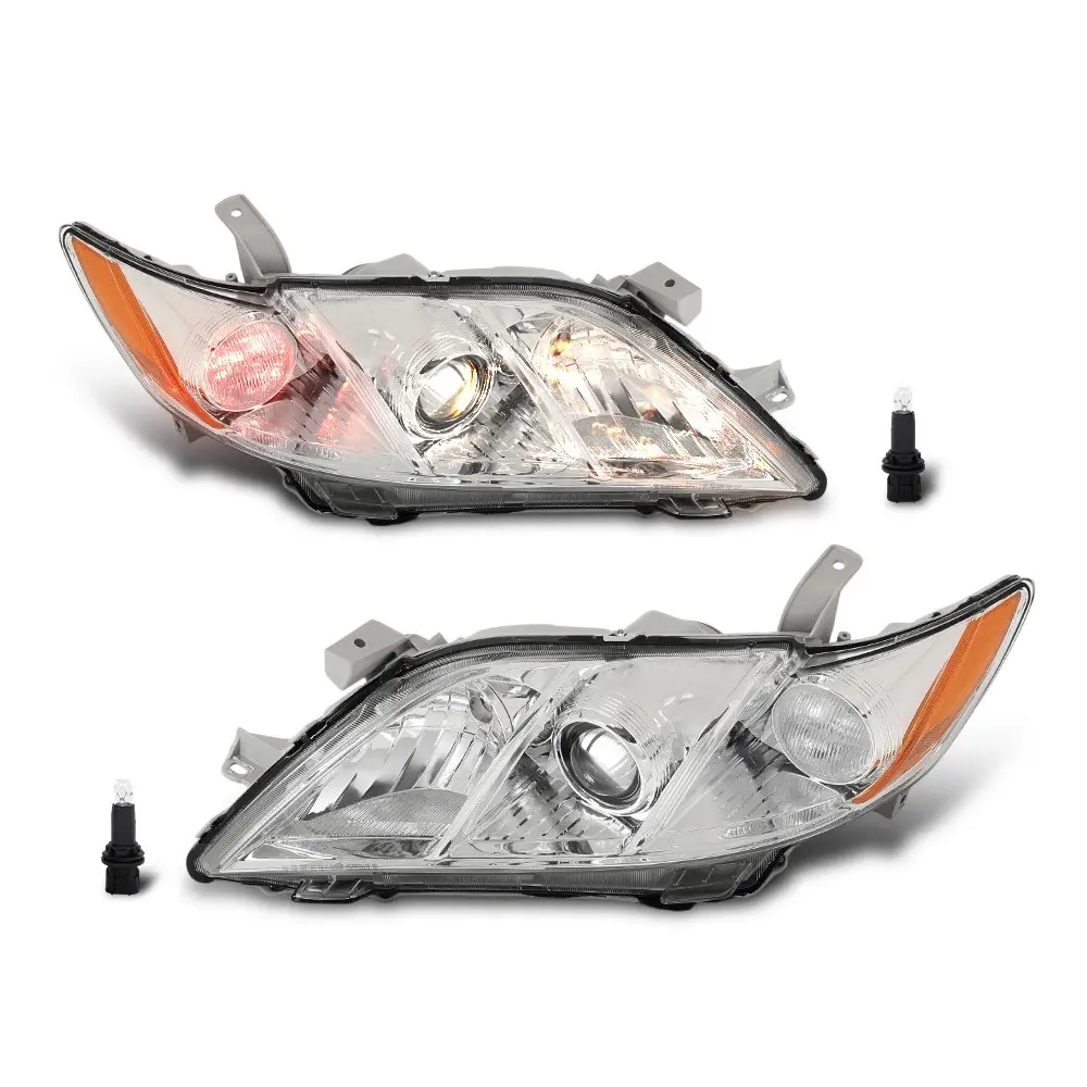 Aftermarket Chrome Amber LED Projector Headlights (1 Pair, ABS Plastic) for 2007-2009 Toyota Camry, Night Time Compatible, LH+RH Headlight Lighting Assemblies & Components, Aftermarket Headlights Lighting Assemblies & Components, Led Projector Headlight L
