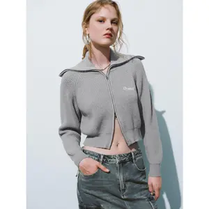 URBAN REVIVO 2026 Collared Women's Long-Sleeve Fitted Mid-Length Knitting Cardigan, Polyester-Viscose Soft Knit Fabric, Multi-Size Casual Basic Top, Polyester Basic Women's Cardigans