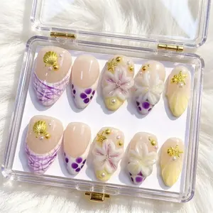 10pcs Handmade Press on Nails Almond Shape 3D Floral Nails | Butter Yellow Lavender Aura French Tip with Seashell | Reusable Handmade Summer Beach Wedding Set Nail Art Design
