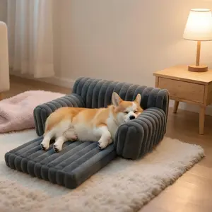 LFC PETS Plush Foldable Couch Dog & Cat Bed -Ultra Cozy Pet Sofa with Removable Cover, Grey, Medium