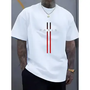 [100% Polyester] A Men's Fashion Casual Round Neck Slightly Elastic Letter Pattern 100% Polyester Knitted Summer Short Sleeve T Shirt